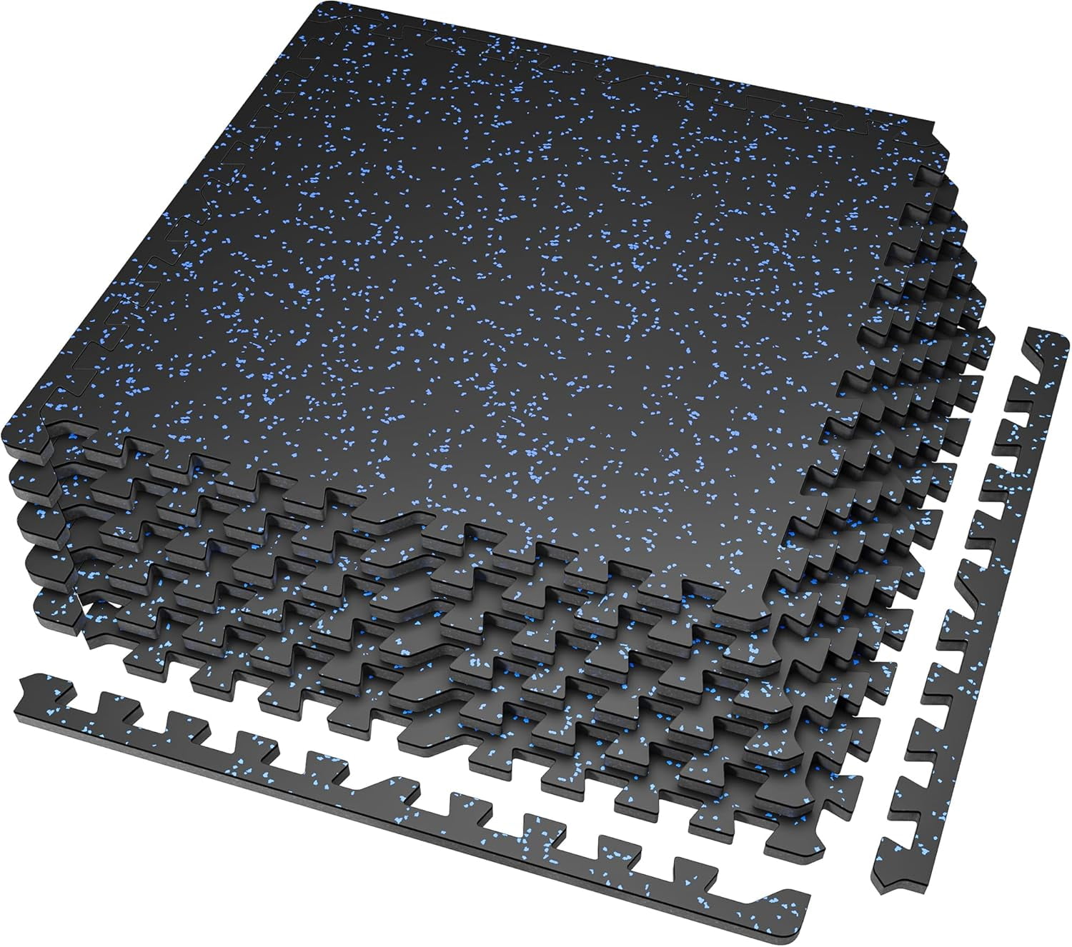 0.56'' Thick 6 Pcs 24 Sq Ft Rubber Top Exercise Equipment Mats, High Density EVA Foam Mats with Rubber Top, Interlocking Gym Flooring for Home Gym, Protective Workout Mat, Black/Blue