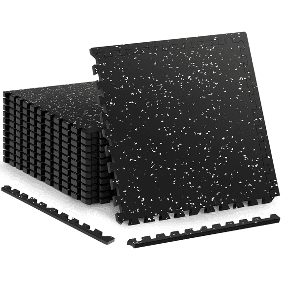 0.56" Thick Interlocking Exercise Equipment Mats, 12 Tiles (48 Sq Ft) - Rubber Top Gym Flooring with High Density EVA Foam, Noise Reducing Workout Mats for Home Gym Floor Protection,Black/White