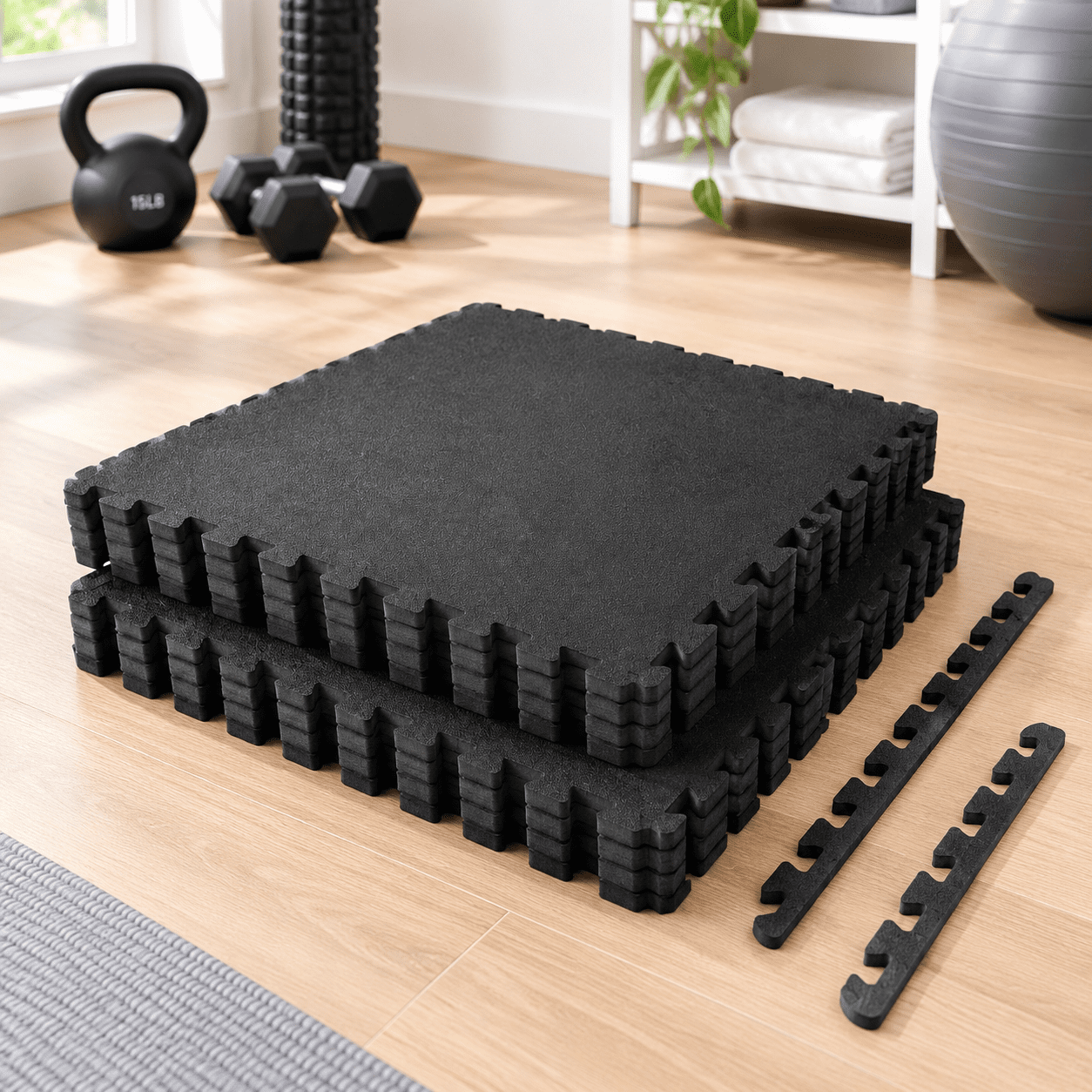0.56in Thick 48 Sq Ft Exercise Mats 12 Tiles Upgraded Rubber Top With ...