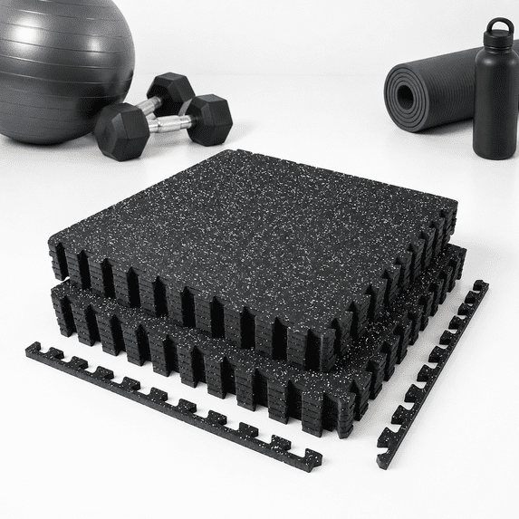 0.56in Thick 48 Sq Ft Exercise Mats 12 Tiles Upgraded Rubber Top With ...