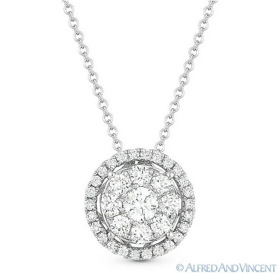 0.57ct Round Cut Diamond Cluster & Halo Pendant & Chain Necklace in 14k White Gold