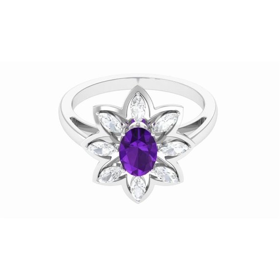 0.58ct Oval Amethyst Cocktail Ring with CZ Halo | 925 Sterling Silver Cocktail Ring for Women | Wedding, Engagement Bridal Rings | Mothers Day Gift_11.5