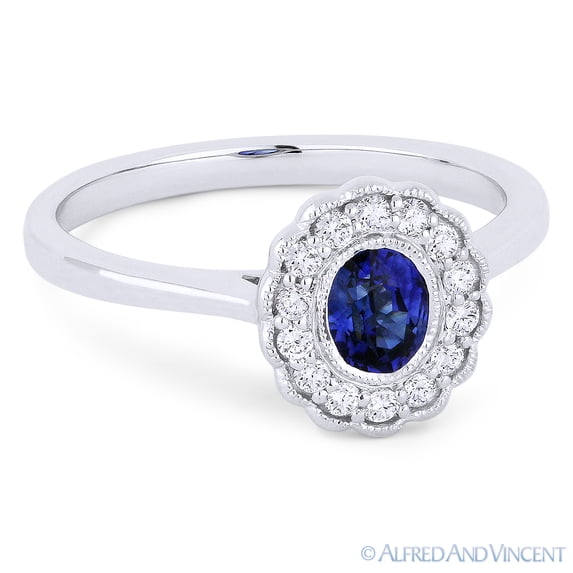 0.58ct Oval Cut Sapphire & Round Brilliant Diamond Flower Statement Ring in 14k White Gold