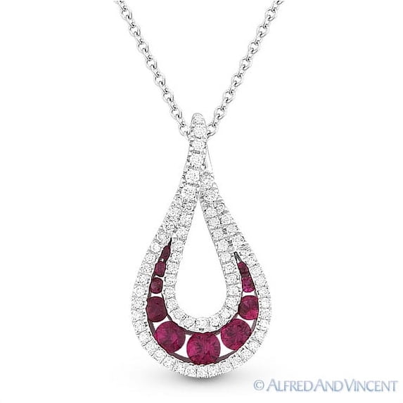 0.58ct Ruby & Diamond Pave Tear-Drop Pendant & Chain Necklace in 14k White Gold