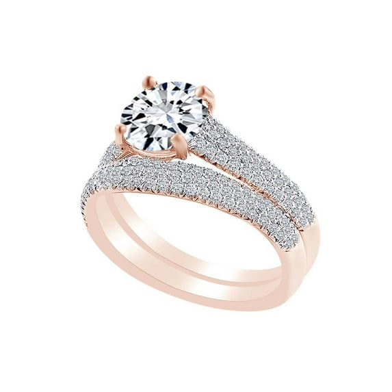 AFFY 0.59 Carat Round Shape White Natural Diamond Semi Mount Wedding Ring Set 18K Solid Rose Gold Ring Size-5