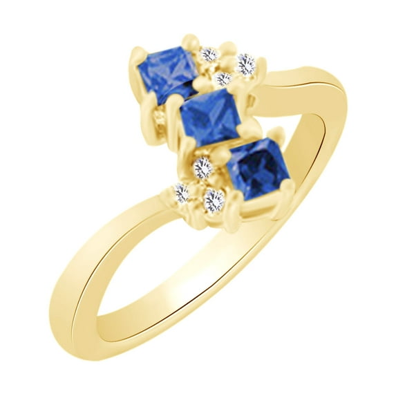 AFFY (0.59 cttw) Simulated Blue Sapphire & White Natural Diamond Accents Three Stone Engagement Wedding Ring In 14k Yellow Gold With Ring Size 6.5