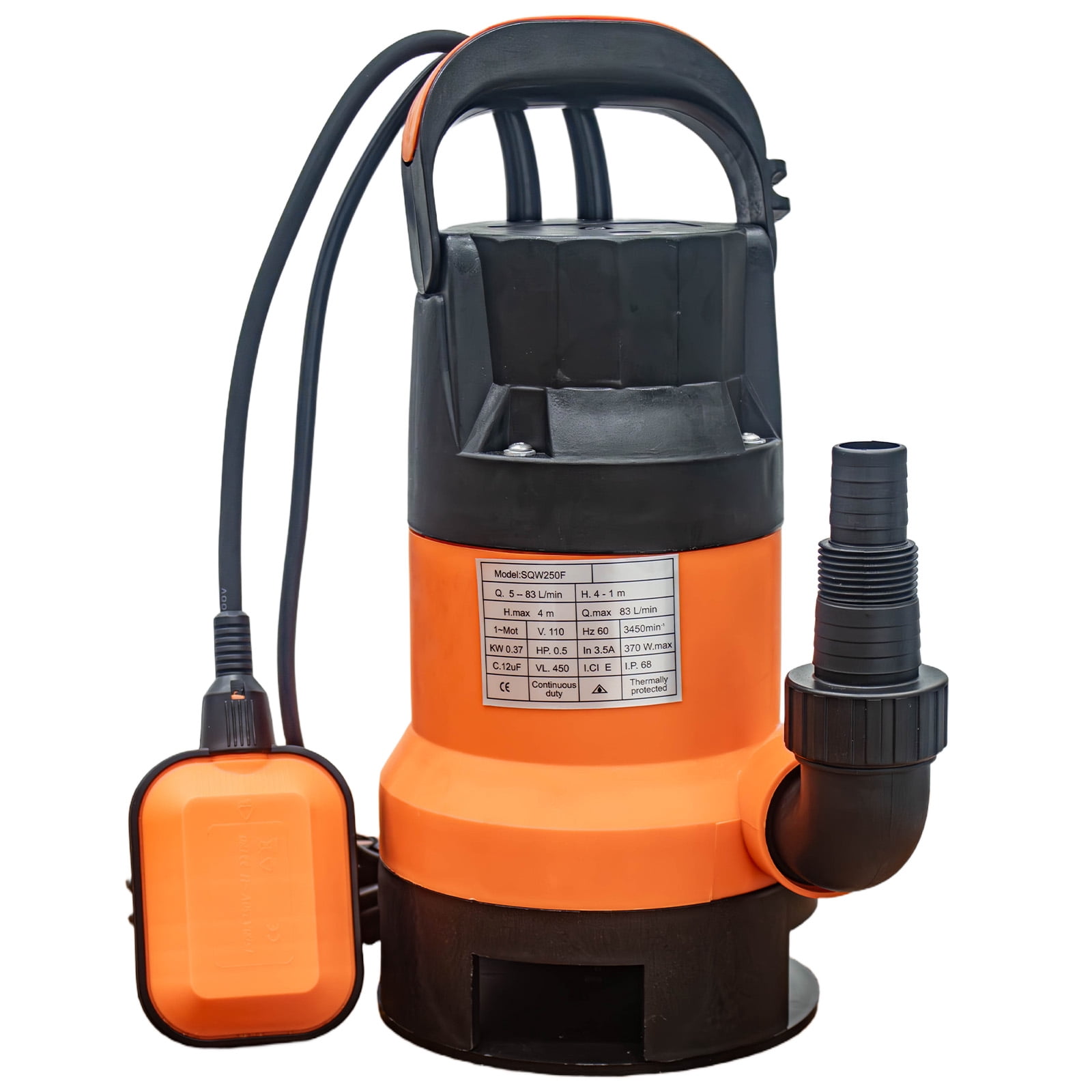 0.5HP Submersible Sump Pump with Auto Float Switch, 83m³/h Flow 7m Lift, Waterproof Dirty Water Pump for Basement Pool Pond Garden Drainage
