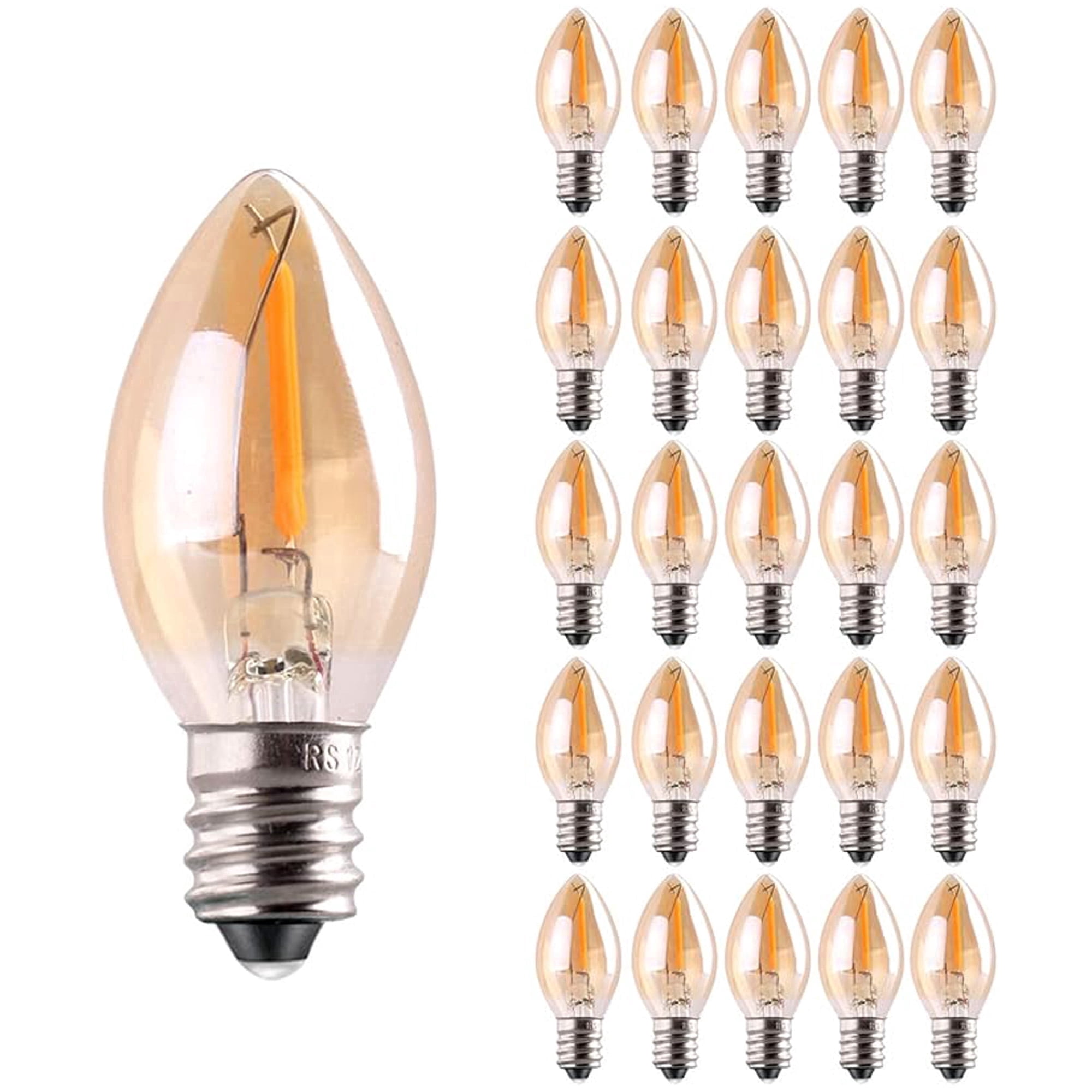 Gold C7 LED Light Bulbs, 0.5W E12 Base, 2700K Warm White, Energy Efficient Dimmable Candle Bulbs, for Chandeliers & Indoor Decorative Lighting, 25Pack
