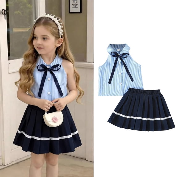 0-5Y Children Clothing Girls Outfits Sets Fashion Lace Up Halter Stripes Top and Navy Skirts 2pcs Kids Sets For Girls