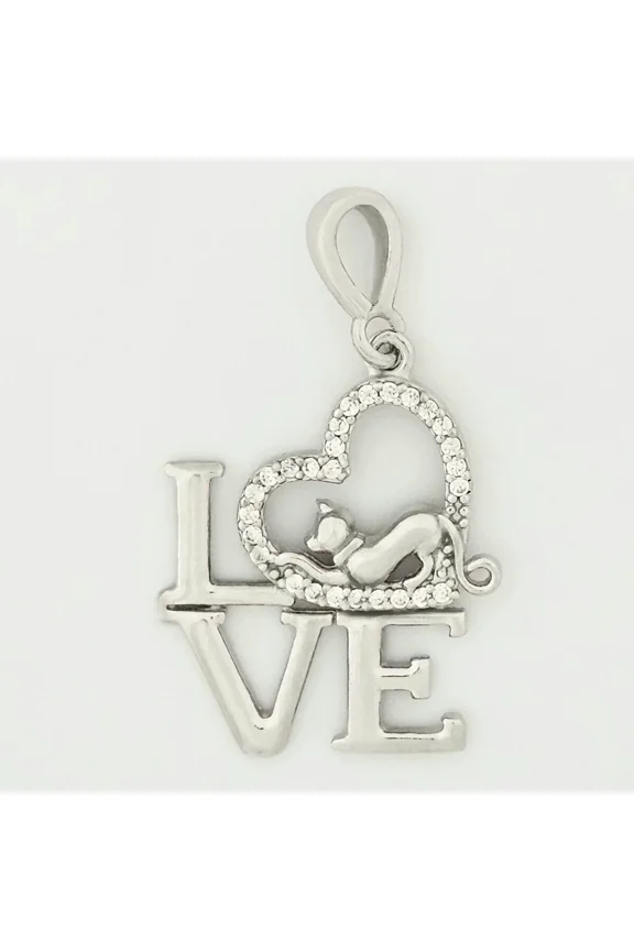 0.5ct Round Simulated Diamond LOVE With Kitty Cat Stretching In Heart 14k white gold plated