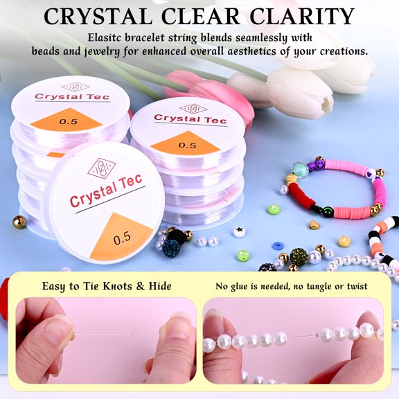 0.5mm Clear Elastic String for Bracelet Making - 10 Rolls Stretchy Crystal Bead Cord, Jewelry Making Supplies for Friendship Bracelets, Clay Beads & DIY Crafts (150m Total)