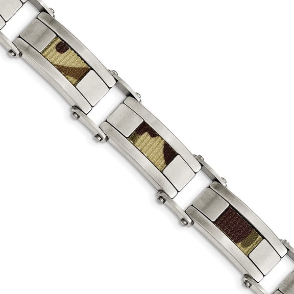0.5mm Stainless Steel Satin With Brown Camo Fabric Inlay 8.5in. Link Bracelet - 8.5 Inch