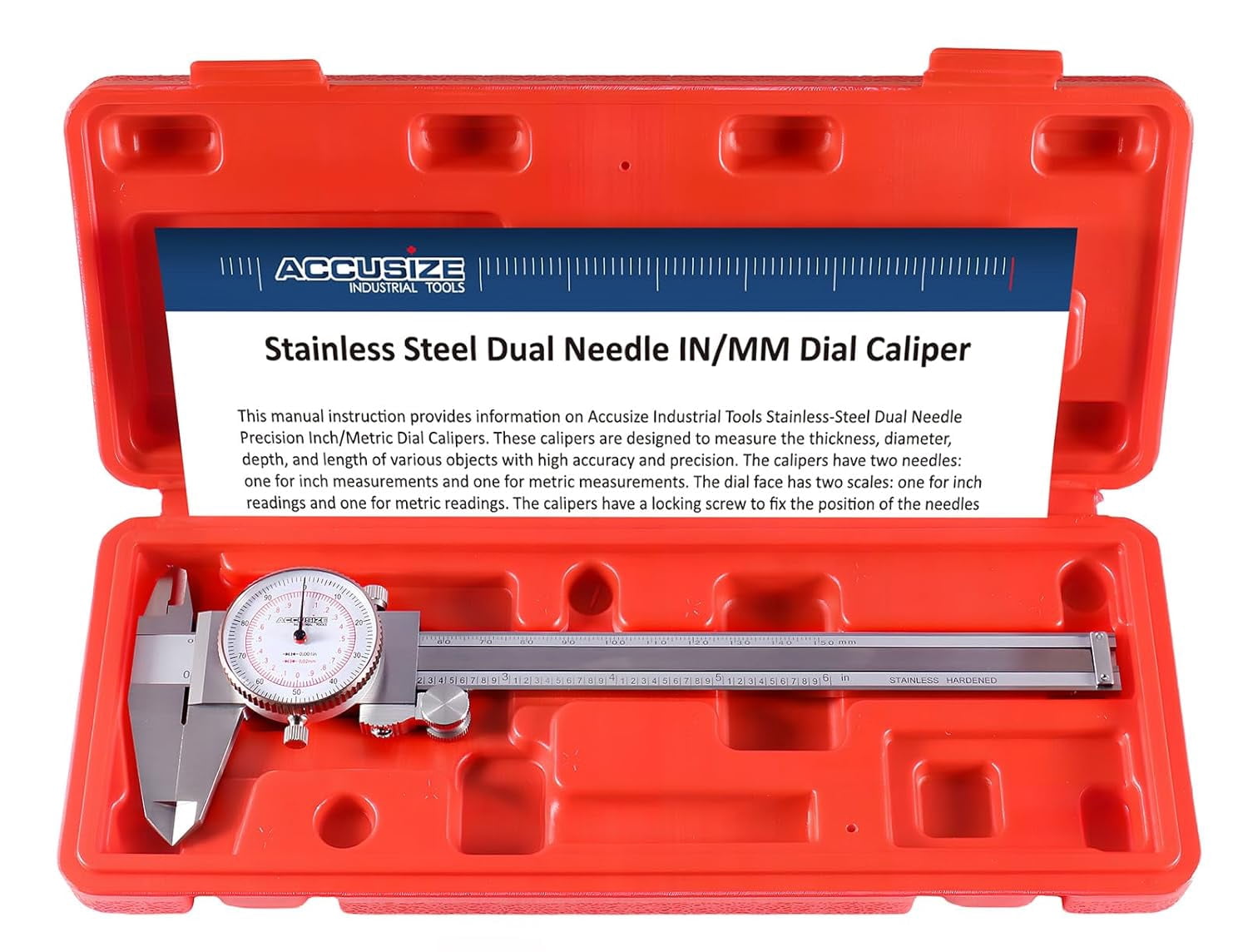 0-6''/0-150 mm by 0.001''/0.02 mm Inch/Metric Dual Needle Precision Dial Caliper Stainless Steel, P920-S236