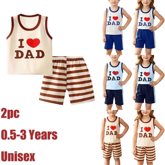 0.5-3T Toddlers Boys and Girls Outfit Set Father's Day Graphic Love Dad Cute Print Sleeveless Tank Top and Short 2 Piece Cotton Set Loungewear Sleepwear Going out Cool Clothing Unisex