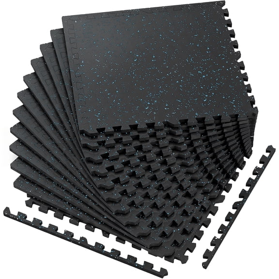 0.6 Inch Thick Gym Floor Mats, 12 Tiles Rubber Top with EVA Foam, 24" x 24" Gym Flooring Workout Mats with 48sq.ft Coverage, Interlocking Puzzle Gym Mats for Gym, Home, Garage, Black & Blue