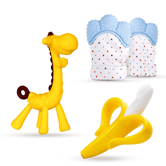 0-6 Months Baby Teething Toy for Boys | 6-12 Months Baby Teething Device | Newborn Mittens Giraffe Banana | BPA Free Baby Teether Set - Blue Color