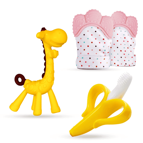 0-6 Months Baby Teething Toy for Girls | 6-12 Months Baby Teething Device | Newborn Mittens Giraffe Banana | BPA Free Baby Teether Set - Pink Color