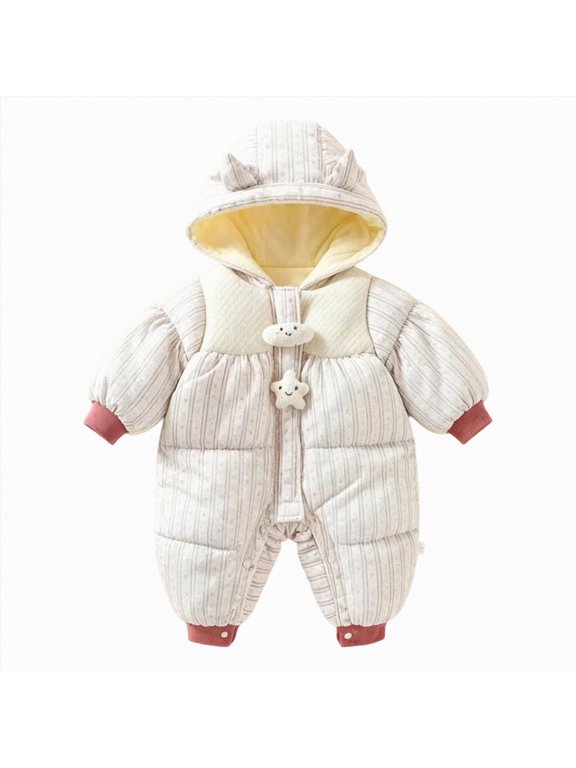0-6 Months Newborn Baby Winter Hooded Padded Romper With Cute Star Cloud Decor Infant Warm Zipper Snowsuit Sleep & Play One-Piece Bodysuit Newborns Everyday Wear