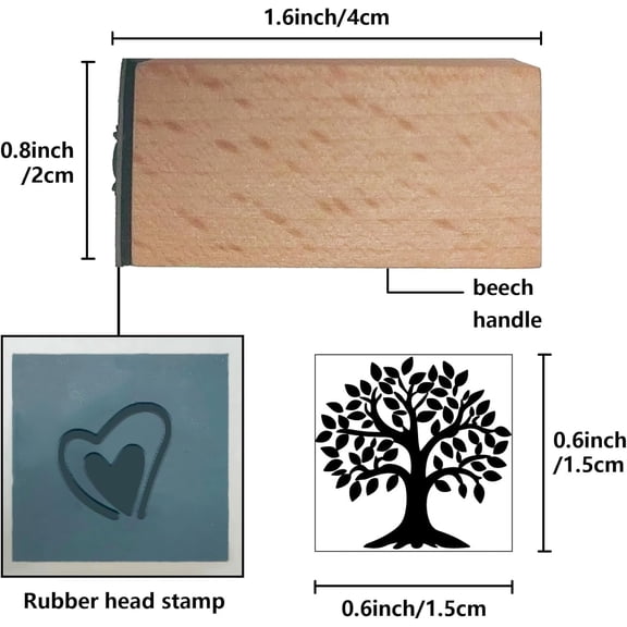 0.6" Tree of Life Mini Wooden Rubber Stamps Reusable Small Square Bumble Plant Pattern Vintage Print Handle Reusable Durable Rubber Natural Wood for Journal Diary Scrapbook Planner Letter DIY