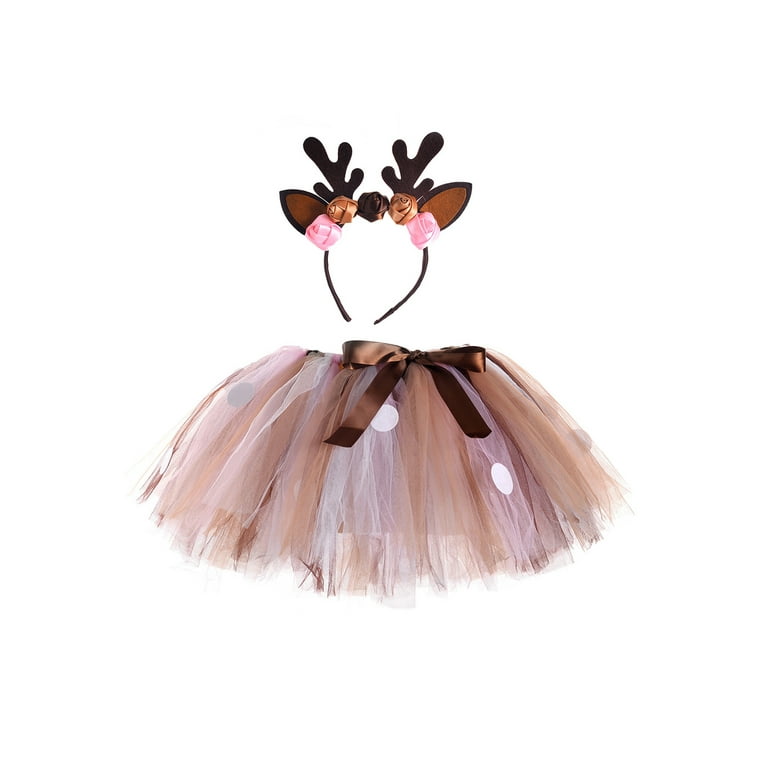 0 6 Years Girls Reindeer Costume Tutu Skirt Cute Animal Bustier with Antler Headband Outfit Set for Halloween Party Stage Performance