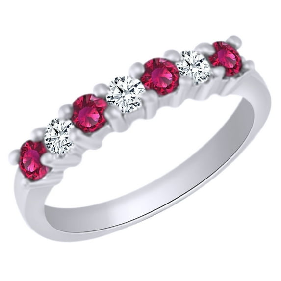 AFFY (0.6 cttw) Round Cut Simulated Pink Ruby & White Natural Diamond Anniversary Wedding Ring In 14k White Gold With Ring Size 10.5