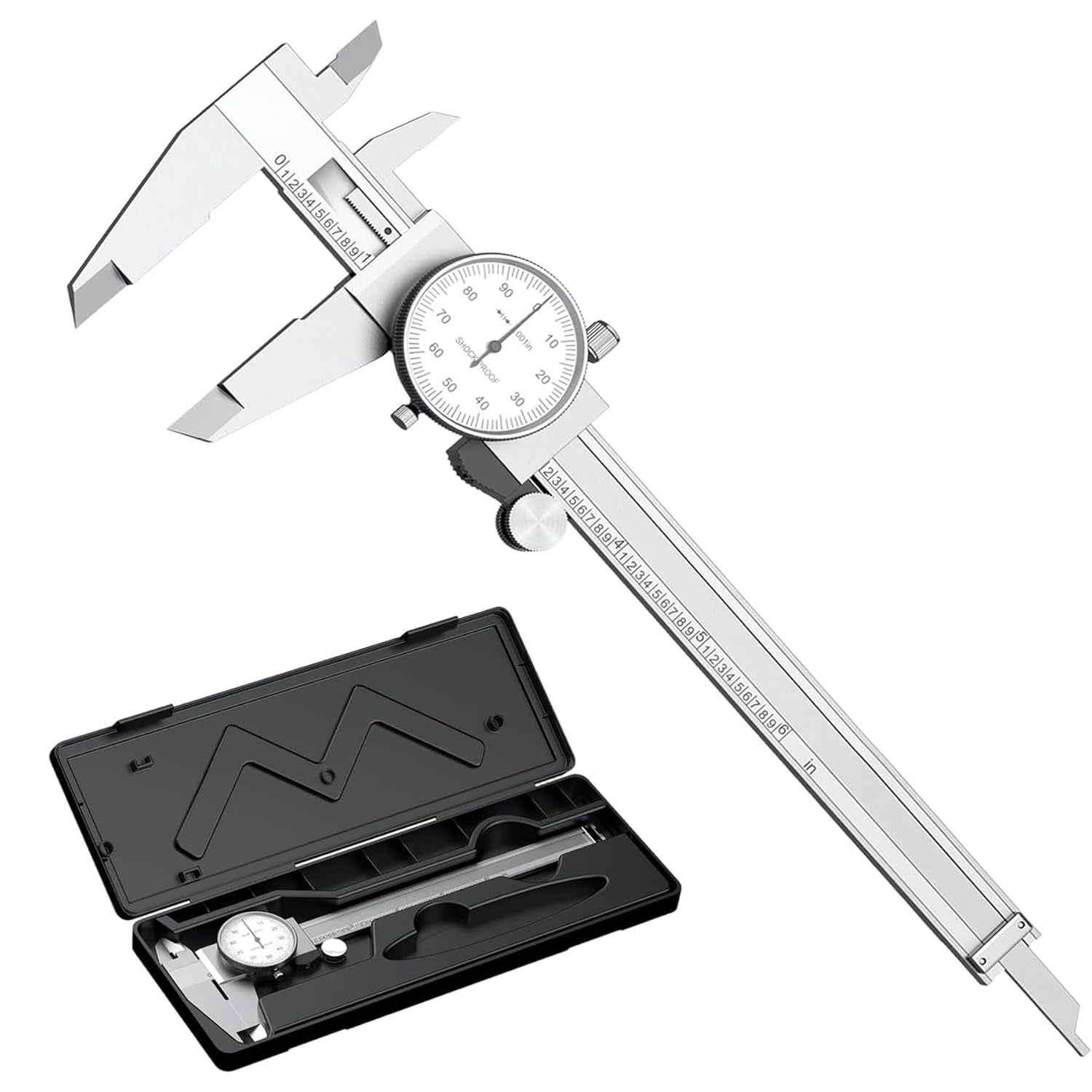 0-6 inch Dial Caliper Measuring Tool Imperial Stainless Steel 4-Way Dial Caliper 0.001" Shockproof with Plastic Case