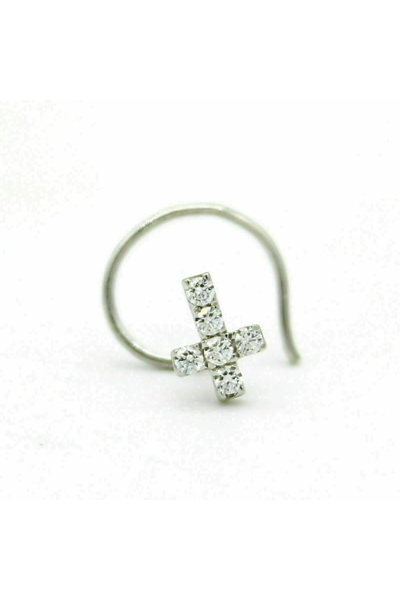 0.60 14K White Gold Plated Round Simulated Diamond Nose Cross Stud Ring Piercing Pin