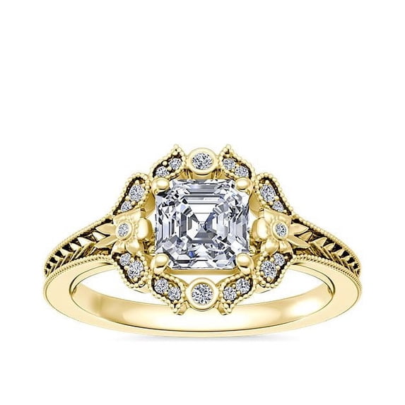 0.60 Carat Brilliant Asscher Cut Real Diamond Elegant Halo Wedding Ring for Women Solid 18K Yellow Gold Size 10