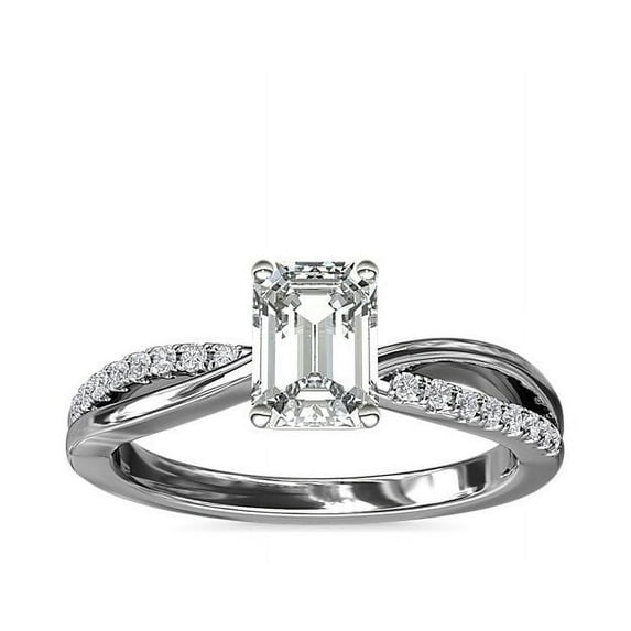 0.60 Carat Excellent Emerald Cut Natural Diamond Unique Solitaire with Accents Ring for Engagement Solid 14K White Gold Size 8.5