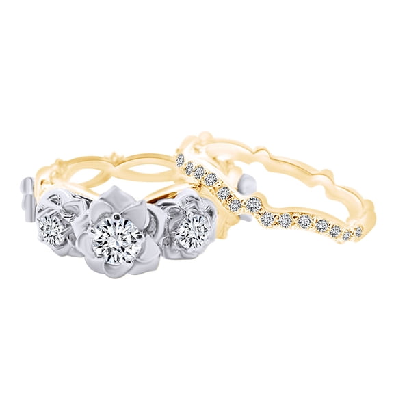 AFFY 0.60 Carat Round Shape Natural Diamond Three Stone Engagement Rings Set 14k Solid Yellow Gold Ring Size-5