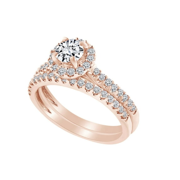 AFFY 0.60 Carat Round Shape White Natural Diamond Semi Mount Halo Wedding Ring Set 18K Solid Rose Gold Ring Size-7.5