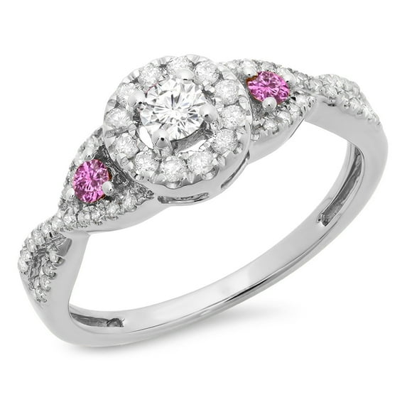 0.60 Carat (ctw) 14K White Gold Round Pink Sapphire & White Diamond Ladies 3 Stone Swirl Halo Style Vintage Bridal Engag