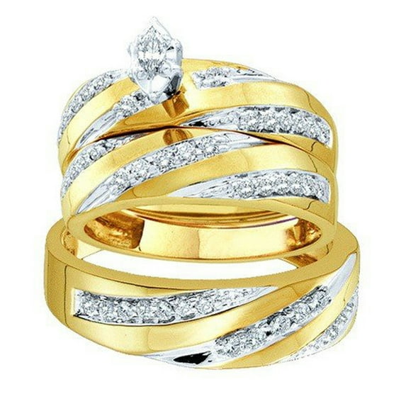 0.60 Carat (ctw) 14K Yellow Gold Marquise & Round Cut Diamond Men & Women's Engagement Ring Trio Bridal Set