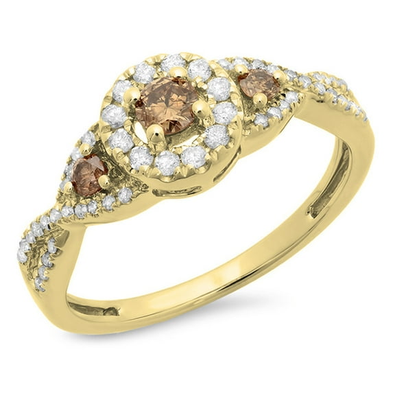 0.60 Carat (ctw) 14K Yellow Gold Round Champagne & White Diamond Ladies Swirl 3 Stone Split Shank Bridal Engagement Ring