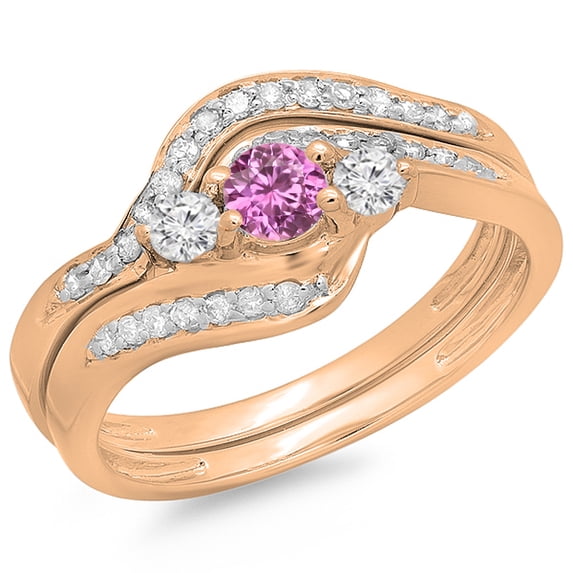 0.60 Carat (ctw) 18K Rose Gold Real Round Pink Sapphire & White Diamond Ladies Swirl Style Bridal 3 Stone Engagement Rin