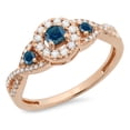 thumbnail image 1 of 0.60 Carat (ctw) 18K Rose Gold Round Blue & White Diamond Ladies 3 Stone Swirl Halo Style Vintage Bridal Engagement Ring, 1 of 1