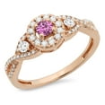 thumbnail image 1 of 0.60 Carat (ctw) 18K Rose Gold Round Pink Sapphire & White Diamond Ladies 3 Stone Swirl Halo Style Vintage Bridal Engage, 1 of 1