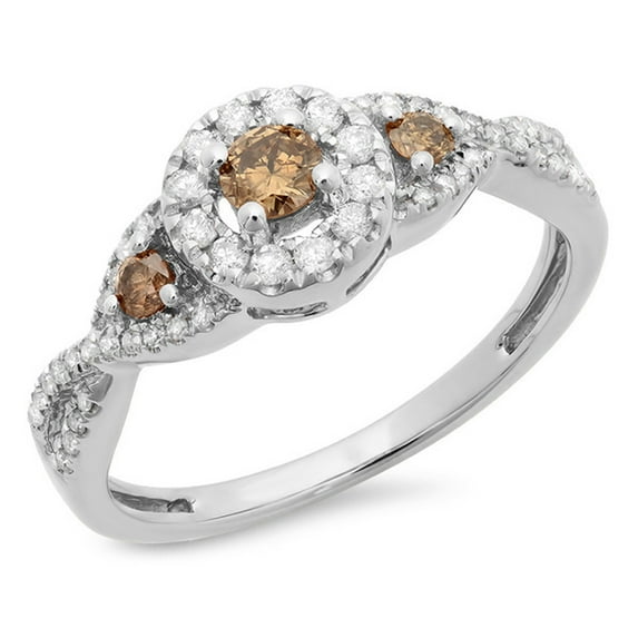 0.60 Carat (ctw) 18K White Gold Round Champagne & White Diamond Ladies Swirl 3 Stone Split Shank Bridal Engagement Ring