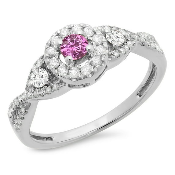 0.60 Carat (ctw) 18K White Gold Round Pink Sapphire & White Diamond Ladies 3 Stone Swirl Halo Style Vintage Bridal Engag
