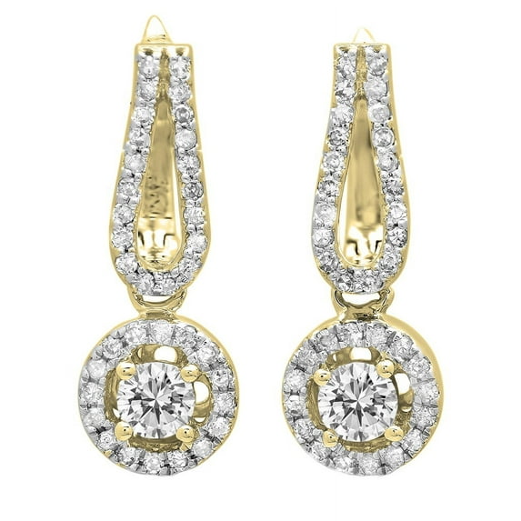 0.60 Carat (ctw) 18K Yellow Gold Round White Diamond Ladies Halo Style Dangling Drop Earrings