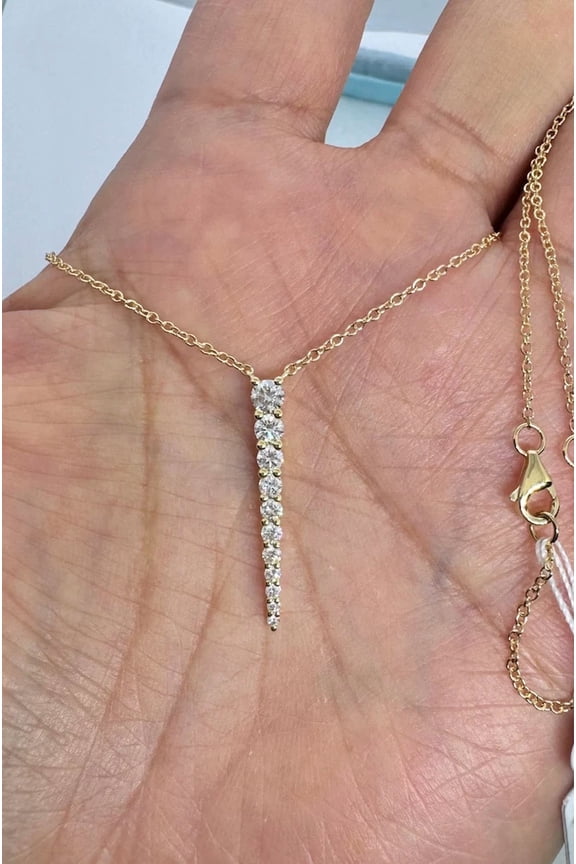 0.60Ct Round Cut Moissanite Vertical Bar Pendant 14K Yellow Gold Plated 18" Chai