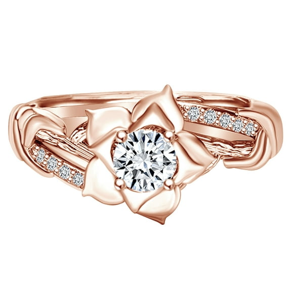AFFY 0.61 Carat Round Shape Natural Diamond Branch & Flower Engagement Ring 14K Solid Rose Gold Ring Size-6
