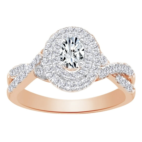 AFFY 0.62 CT White Natural Diamond Oval Shape Twist Shank Double Halo Engagement Wedding Ring In 14k Rose Gold With Ring Size 8