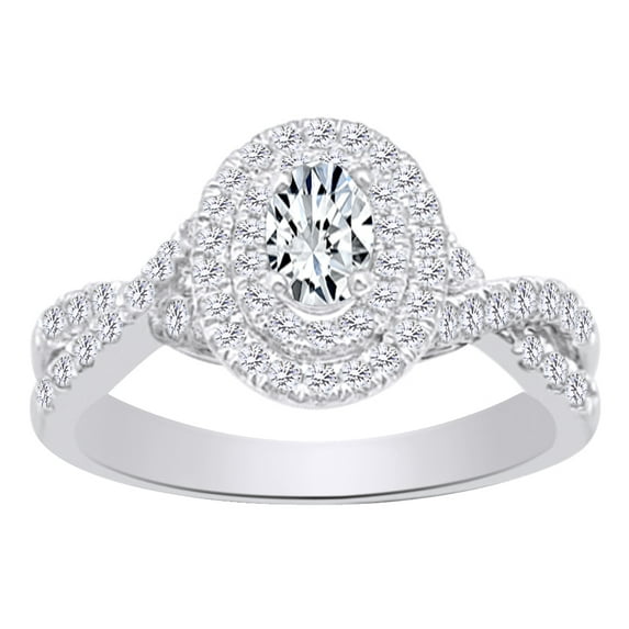 AFFY 0.62 CT White Natural Diamond Oval Shape Twist Shank Double Halo Engagement Wedding Ring In 14k White Gold With Ring Size 11.5
