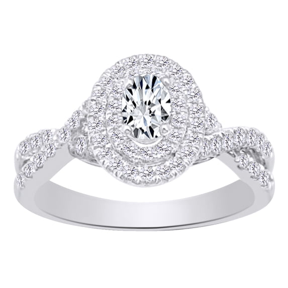 AFFY 0.62 CT White Natural Diamond Oval Shape Twist Shank Double Halo Engagement Wedding Ring In 14k White Gold With Ring Size 13
