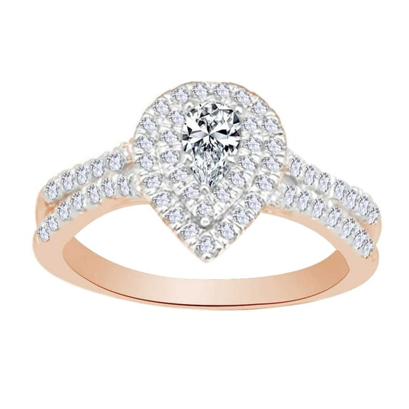 AFFY 0.62 CT White Natural Diamond Pear Shape Pinched Shank Double Halo Engagement Wedding Ring In 14k Rose Gold With Ring Size 9.5