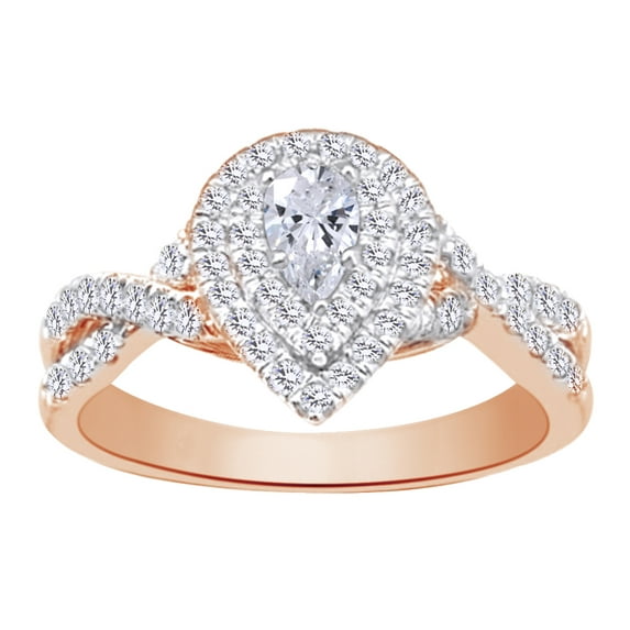 AFFY 0.62 CT White Natural Diamond Pear Shape Twist Shank Double Halo Engagement Wedding Ring In 14k Rose Gold With Ring Size 5