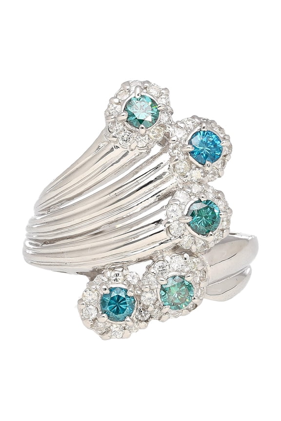 0.62 Carat Round Blue and White Diamond 5-Row Curved Platinum Ring