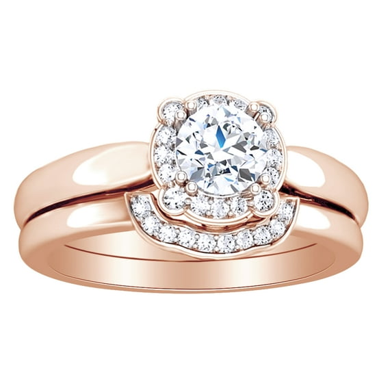 AFFY 0.62 Ct White Diamond Halo Style Bridal Engagement Ring Set In 14K Solid Rose Gold