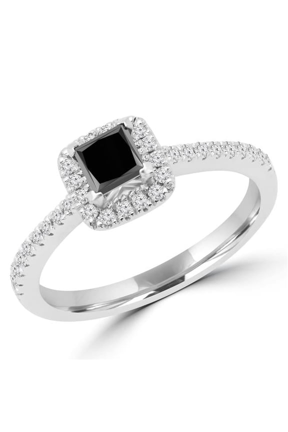 0.63 CTW Princess Black Diamond Halo Engagement Ring in 14K White Gold with Accents - Size 3.5